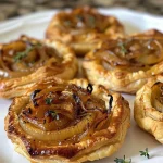 Close-up view of golden-brown caramelized onion tartlets on a rustic wooden table.