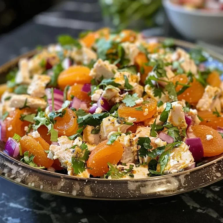 A Refreshing Twist on Chicken Salad: Embrace Simple Ingredients A close-up of a Chicken and Cottage Cheese Salad, showcasing diced chicken, red onion, and dried apricots.