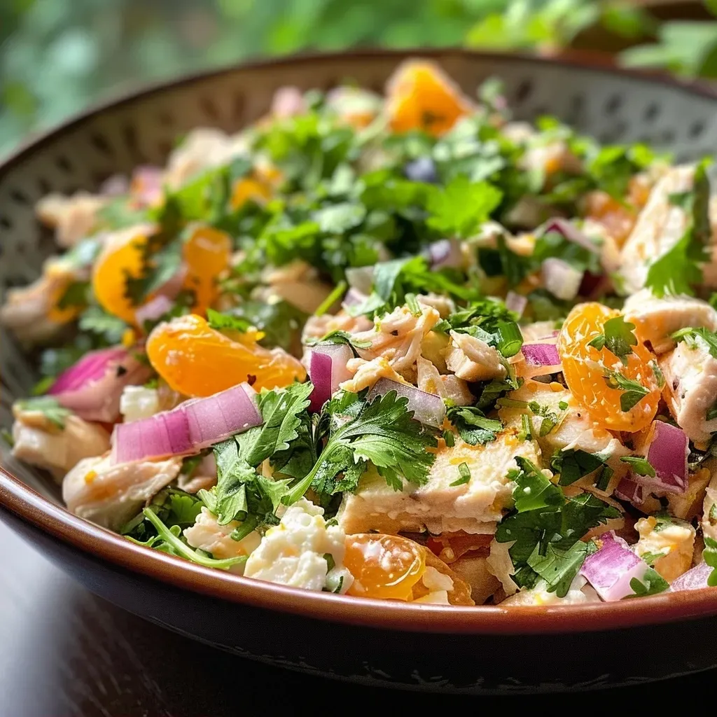 Side view of a colorful Chicken and Cottage Cheese Salad with vibrant ingredients like cilantro and curry powder.