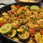 Close-up view of juicy chicken pieces and colorful summer squash on a plate.