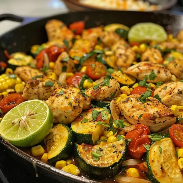 Bright and Easy Chicken and Summer Squash Skillet Close-up view of juicy chicken pieces and colorful summer squash on a plate.