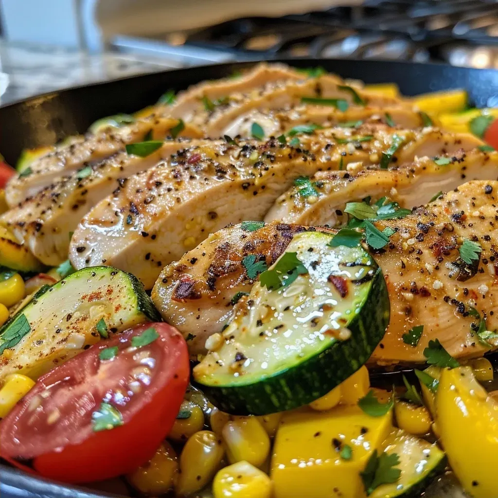 A vibrant dish featuring diced chicken and sliced yellow squash, garnished with cilantro.