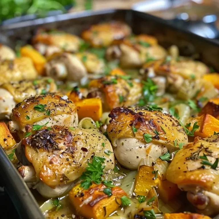 Close-up image of a Chicken, Leek and Butternut Squash Bake, showcasing juicy chicken and vibrant vegetables.