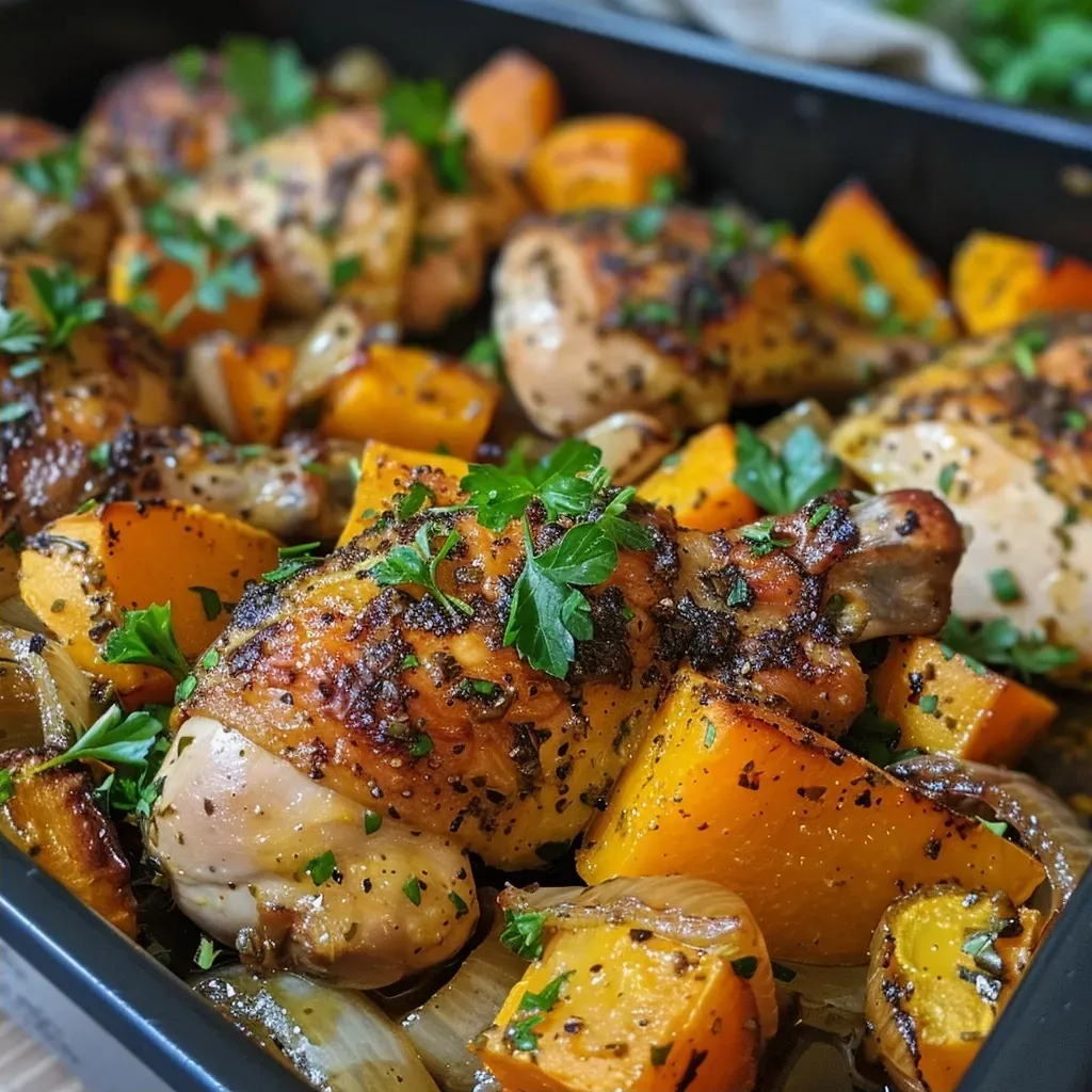 Side view of a baked dish featuring chicken, leeks, and butternut squash, with a golden crust.