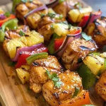 Close-up view of juicy chicken and pineapple kabobs on a skewer.