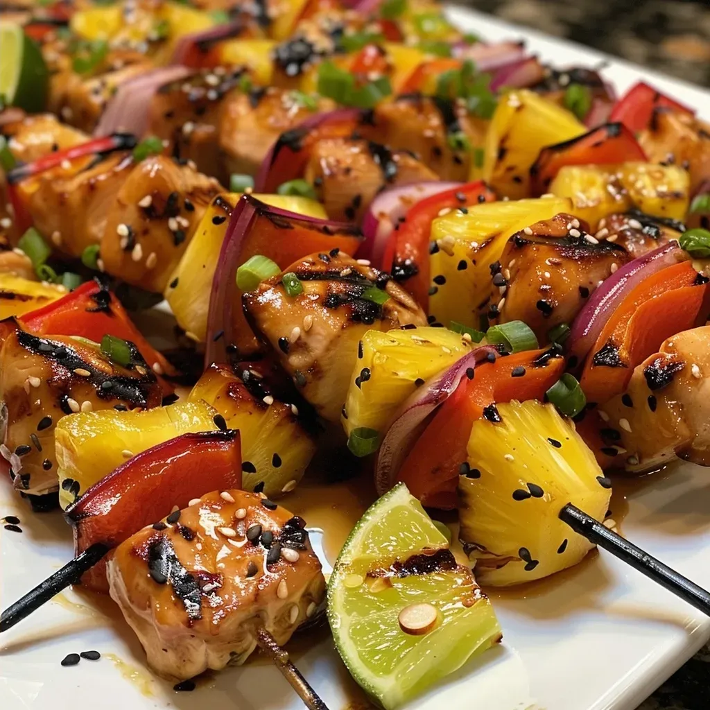 Colorful chicken pineapple kabobs featuring red and green peppers.