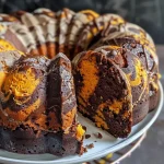 A close-up side view of a Chocolate-Pumpkin Marble Cake showing rich swirls of chocolate and pumpkin.