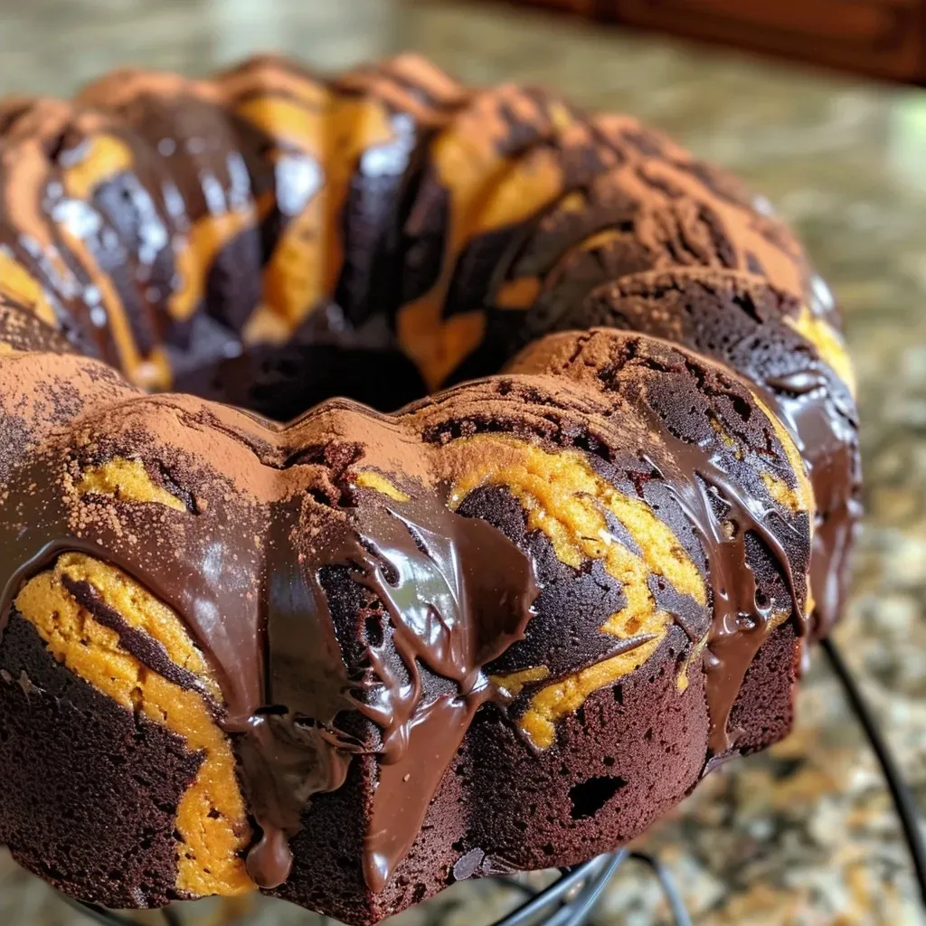 A detailed image of a Chocolate-Pumpkin Marble Cake with a glossy finish and distinct marbling.