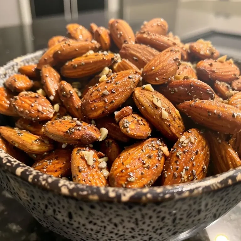 Close-up view of a handful of Cinnamon Maple Roasted Almonds on a wooden surface.