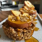 Close-up side view of a baked oatmeal cup with cinnamon and pear, showcasing a golden-brown top.