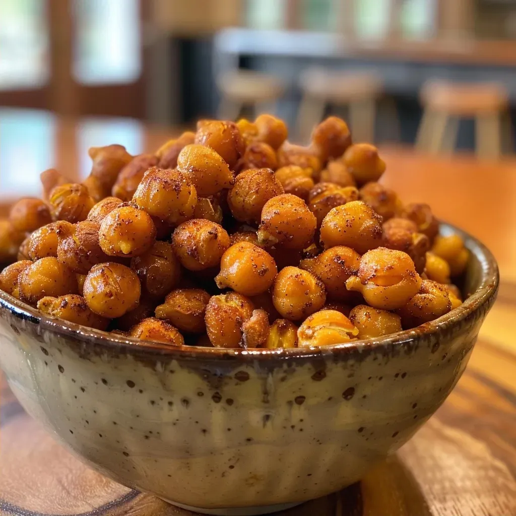A side view photo of crunchy cinnamon roasted chickpeas, emphasizing their texture and color.