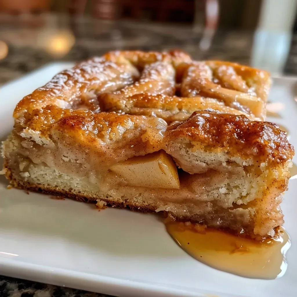 Side view of a slice of Cinnamon Roll Apple Bread showcasing apple pieces and swirls.