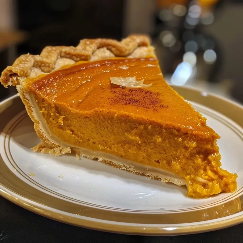 Side view of a pumpkin pie featuring a beautifully crafted leaf design on the crust.