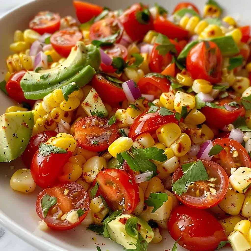 A close-up view of a Corn and Tomato Summer Salad, showcasing colorful ingredients like corn, tomatoes, and onions.