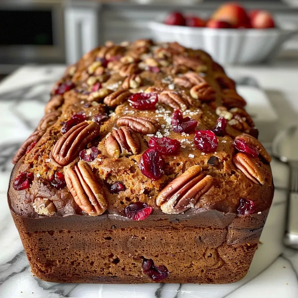 Side view of a loaf of Cranberry Pecan Pumpkin Bread highlighting cranberries and pecans throughout the bread.