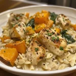 Close-up view of creamy chicken orzo with butternut squash and spinach.