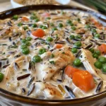 Close-up view of a slice of creamy chicken pot pie with wild rice.