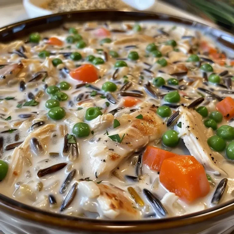 Close-up view of a slice of creamy chicken pot pie with wild rice.