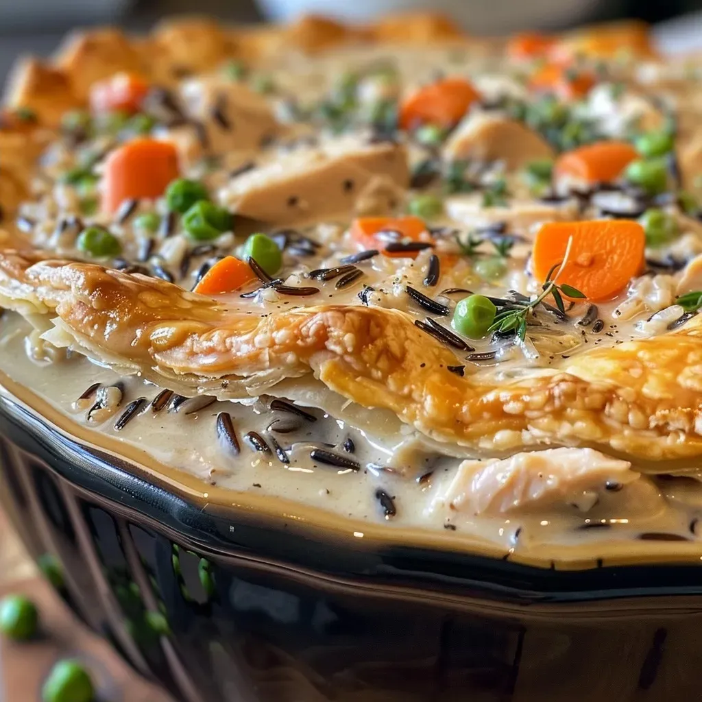 Juicy chicken pot pie featuring wild rice, served on a white plate.