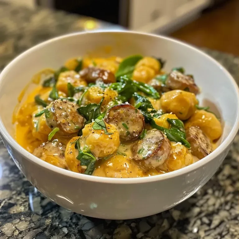 Creamy pumpkin gnocchi with spinach and sausage in a bowl.