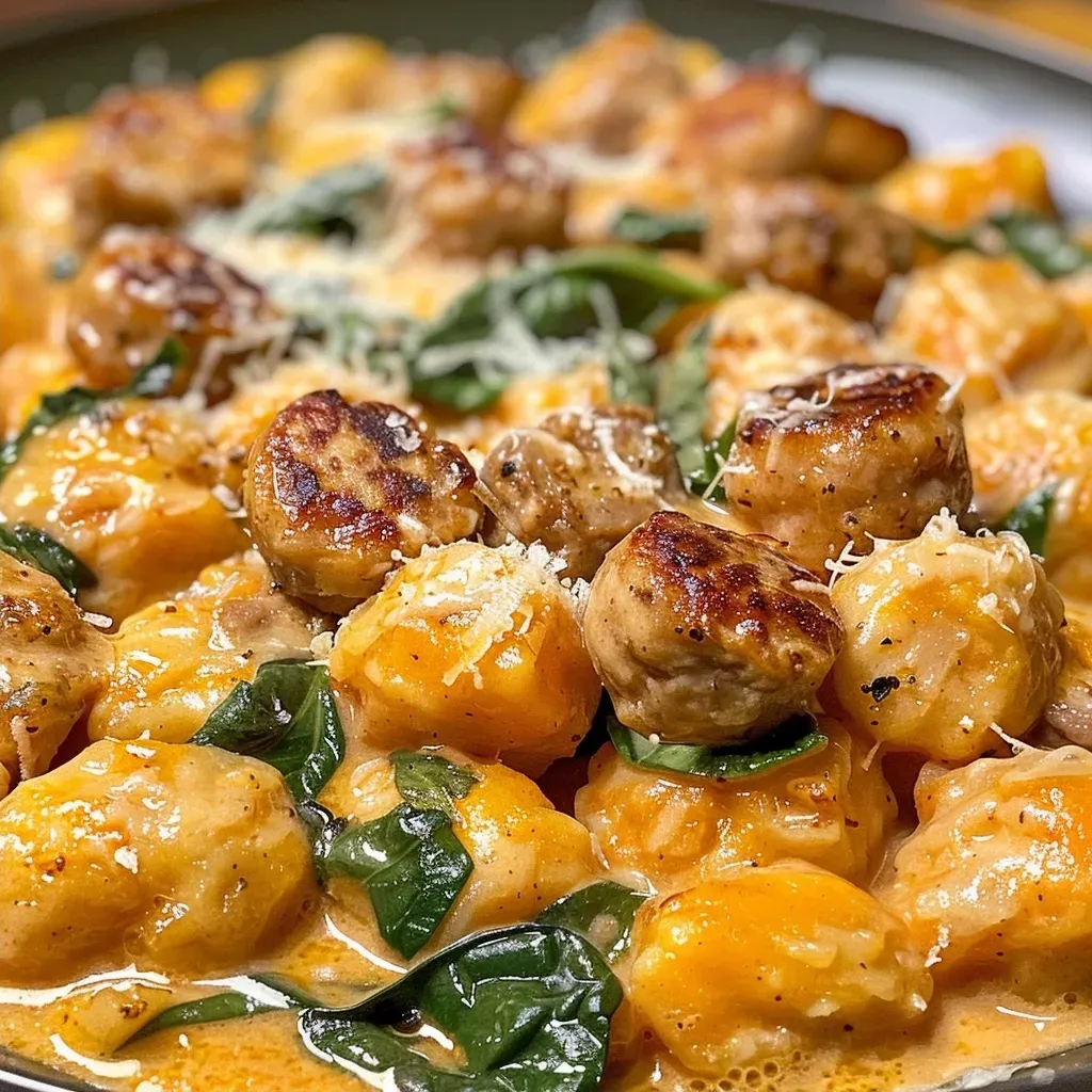 Close-up shot of creamy pumpkin gnocchi garnished with spinach and sausage.