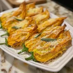 Close-up of crispy ricotta-stuffed squash blossoms on a plate.