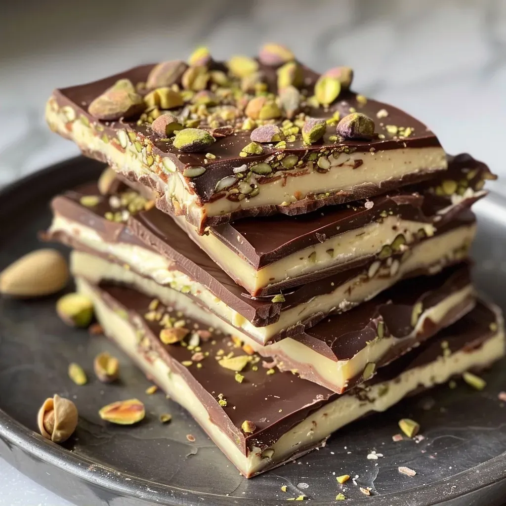 A detailed view of Dubai Chocolate Protein Bark showcasing layers of chocolate and pistachio.