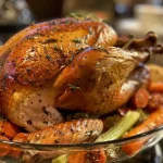 Close up of juicy oven-roasted turkey breast garnished with herbs.