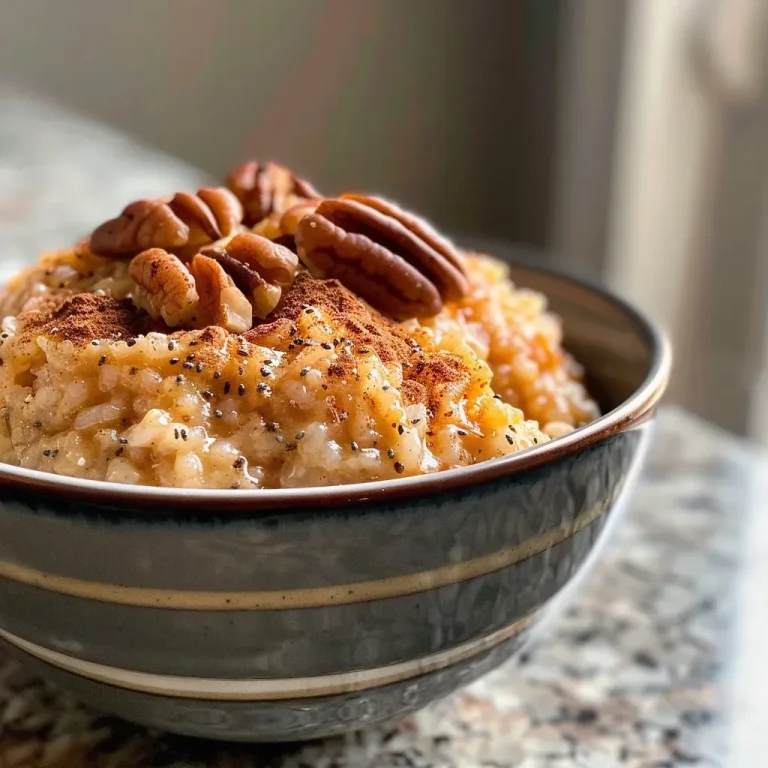 Warm and Wholesome Pumpkin Spice Rice Pudding for Cozy Moments Close-up view of creamy pumpkin spice rice pudding topped with pecans and chia seeds.