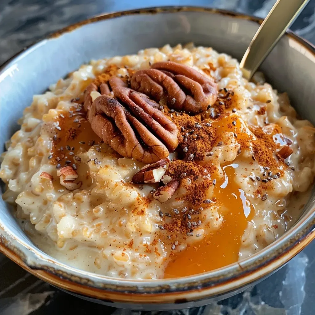 A delicious bowl of pumpkin spice rice pudding featuring a sprinkle of chia seeds and pecans.