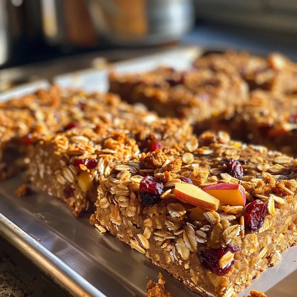 Delicious Fall Harvest Snack Bar showing oat and almond textures alongside dried fruit pieces.