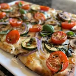 Close-up view of a delicious flatbread pizza topped with colorful vegetables.
