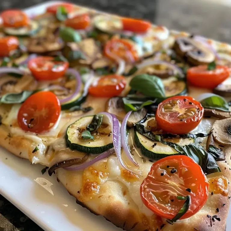 Close-up view of a delicious flatbread pizza topped with colorful vegetables.