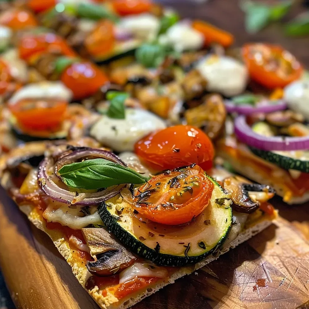 Side view of a garden fresh flatbread pizza with melted cheese and vibrant toppings.