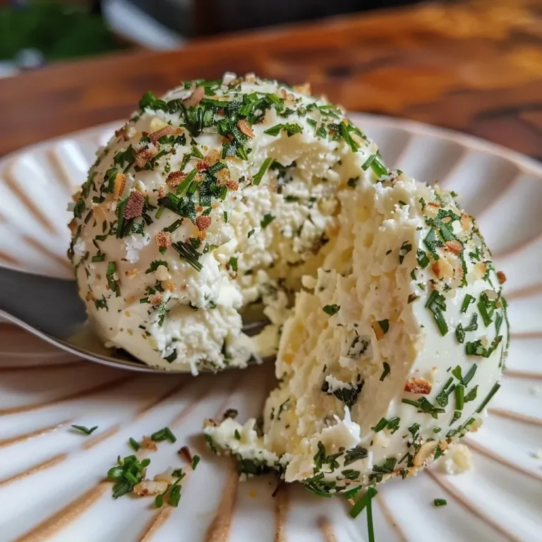 Close-up view of a Garlic Herb Cheese Ball adorned with chopped herbs and nuts.
