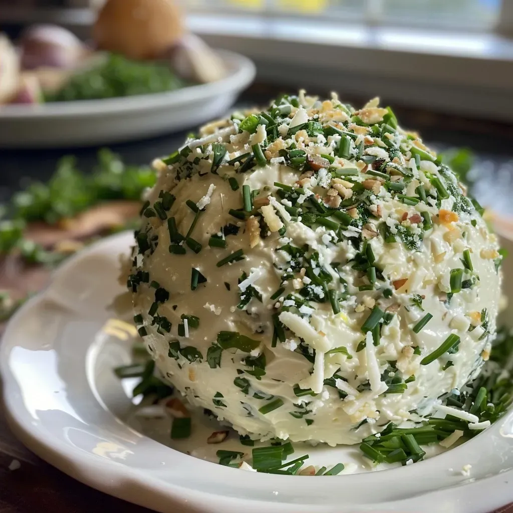 Side view of a creamy Garlic Herb Cheese Ball with a garnish of fresh herbs and pecans.