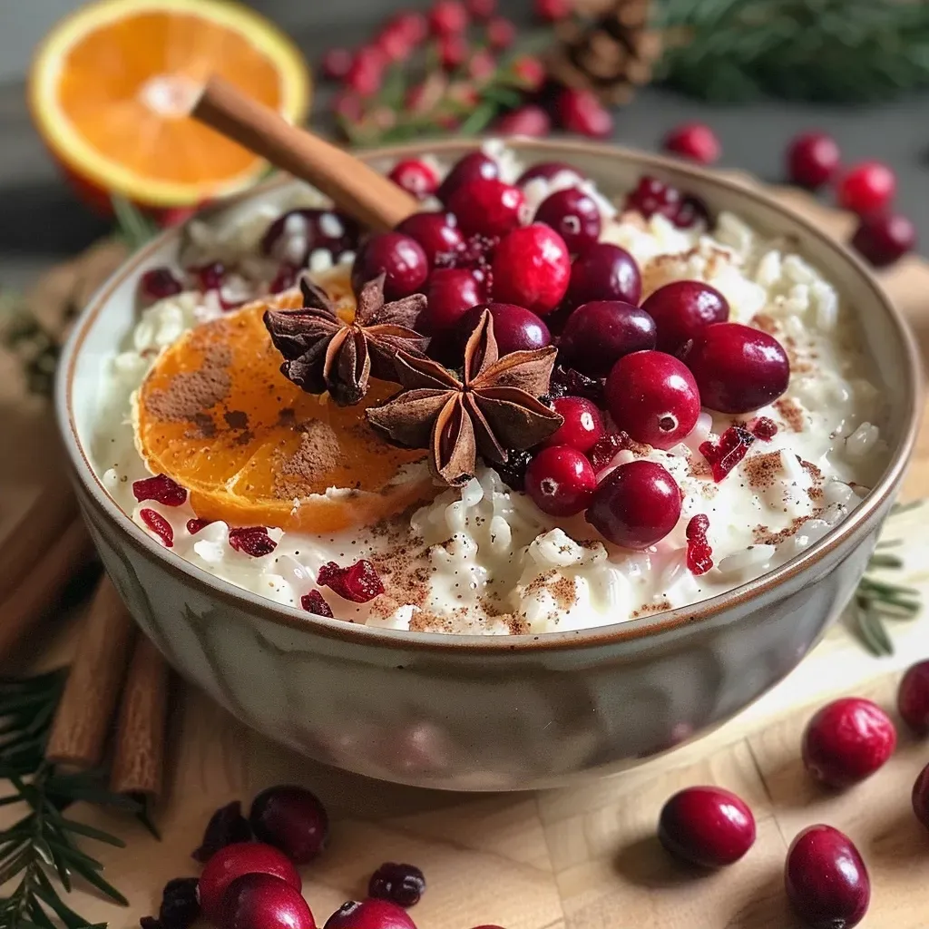 Side view of creamy rice pudding topped with vibrant cranberry compote and a sprinkle of spices.
