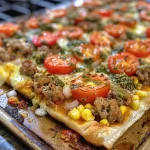 Close-up view of grilled flatbread pizza topped with sausage, corn, mozzarella, and cherry tomatoes.