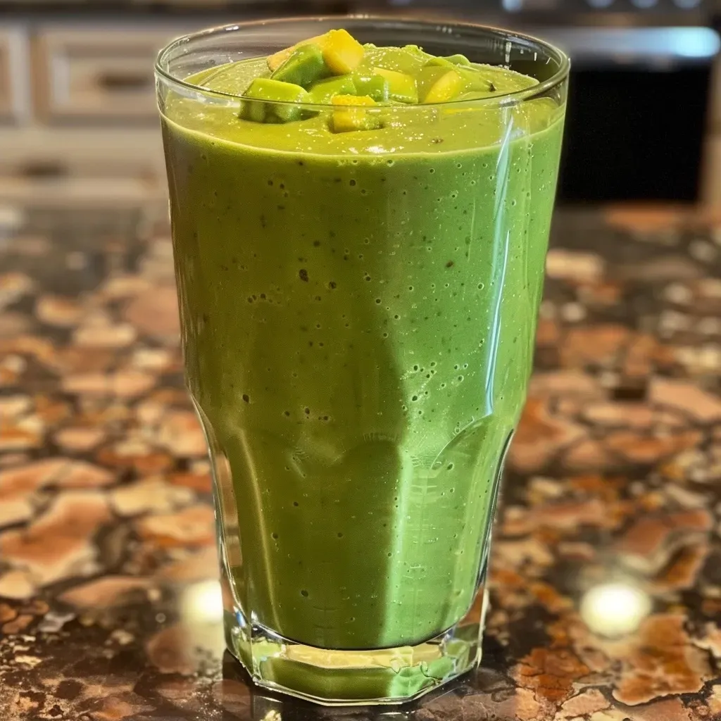 Side angle of a delicious Grinch Smoothie filled with fresh ingredients, served in a clear glass.