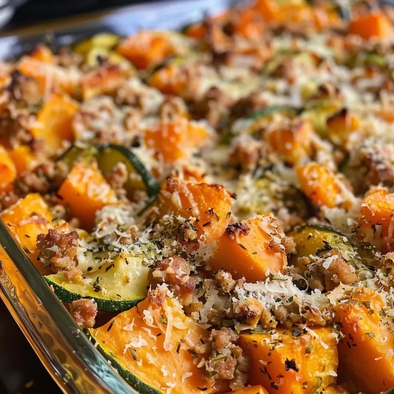 A close-up side view of a baked dish featuring ground turkey and sweet potatoes.