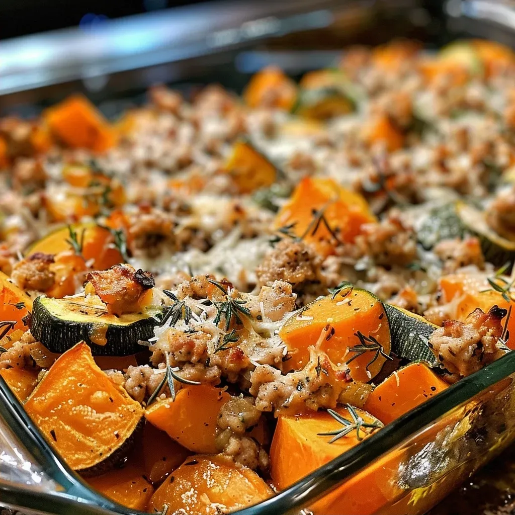 Juicy Ground Turkey Sweet Potato Bake with colorful ingredients visible in a casserole.