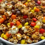 Close-up view of Harvest Popcorn Snack Mix featuring caramel popcorn, Rolos, M&M Cocoa Crisp candies, candy corn, and pretzel snaps.
