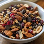 Close-up of a colorful Harvest Trail Mix with almonds, peanuts, pepitas, dark chocolate chips, and dried cranberries.
