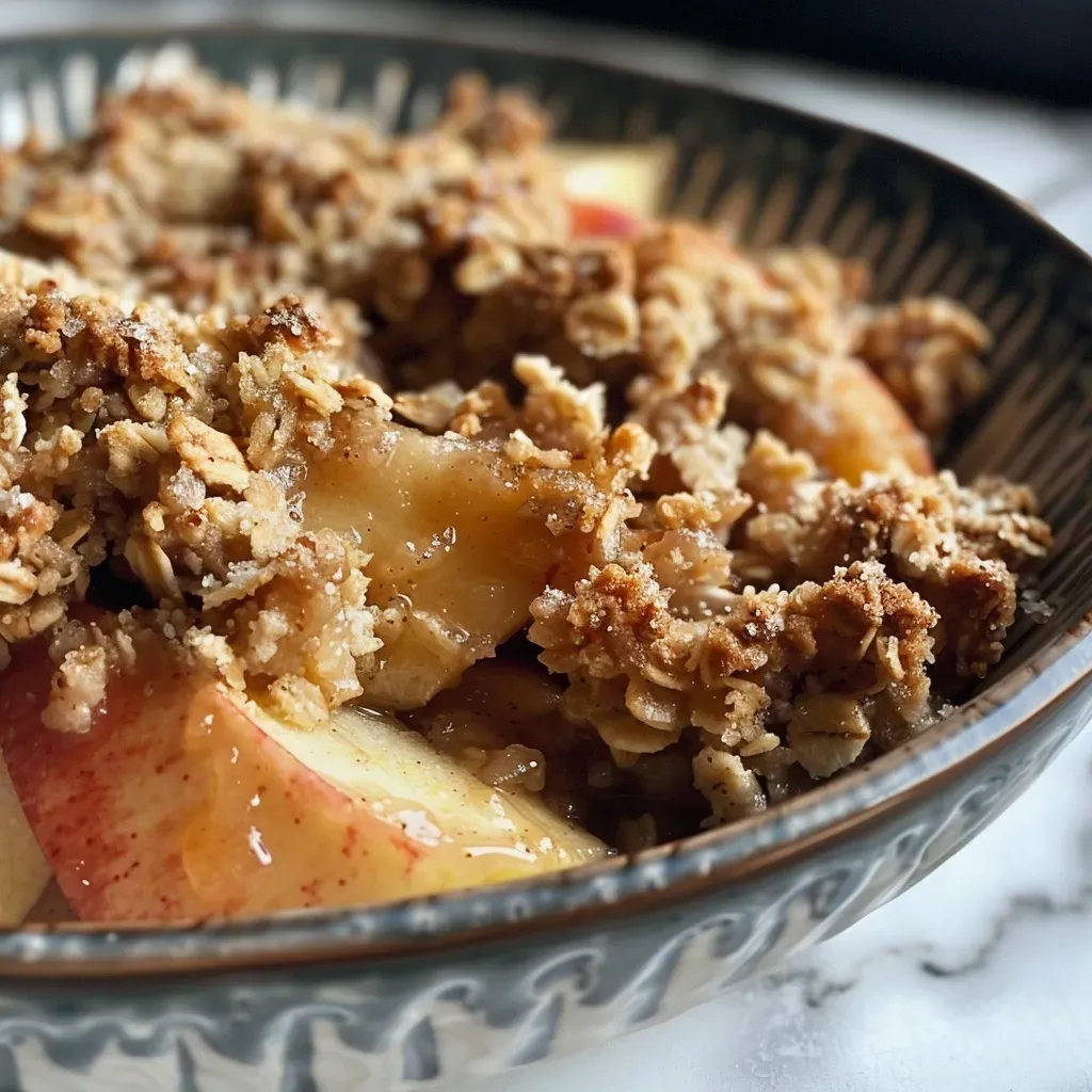 Side view of a delicious apple crumble featuring a crunchy topping and fresh apple filling.