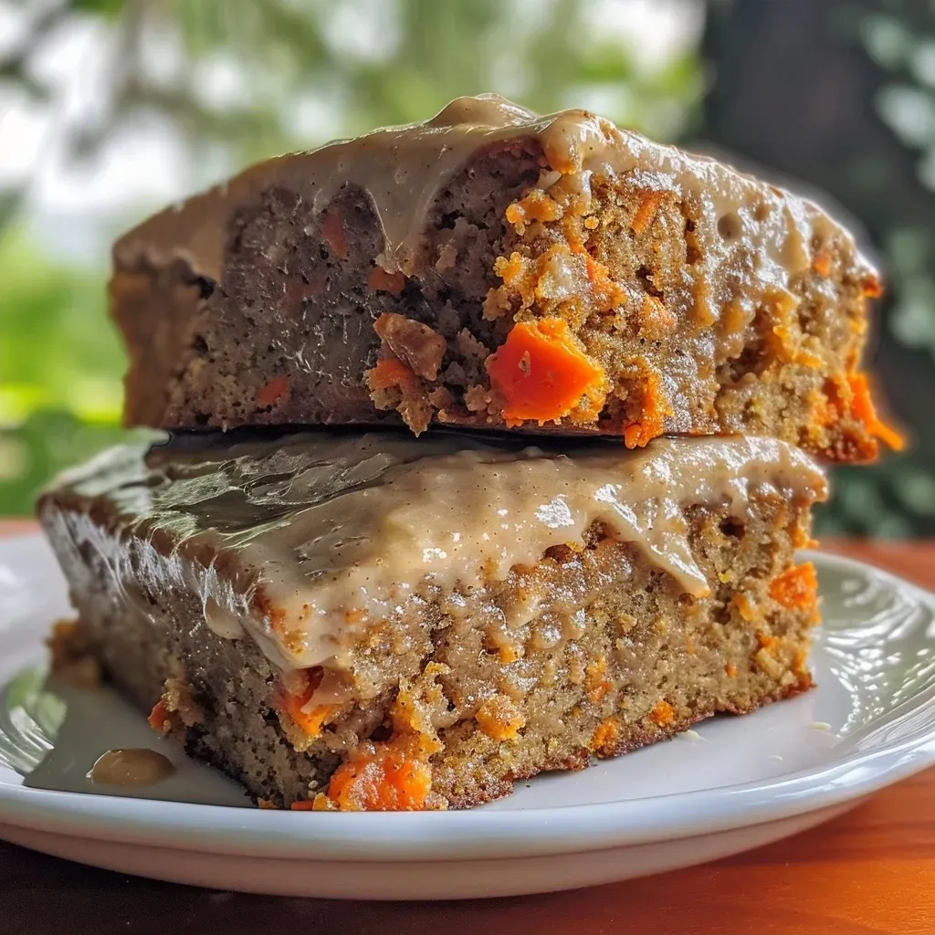 Juicy Healthy Carrot Cake slice showcasing layers of grated carrots and a smooth Greek yogurt topping.