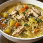 A close-up view of a bowl of healthy chicken soup without noodles, featuring visible chunks of chicken, vegetables, and herbs.
