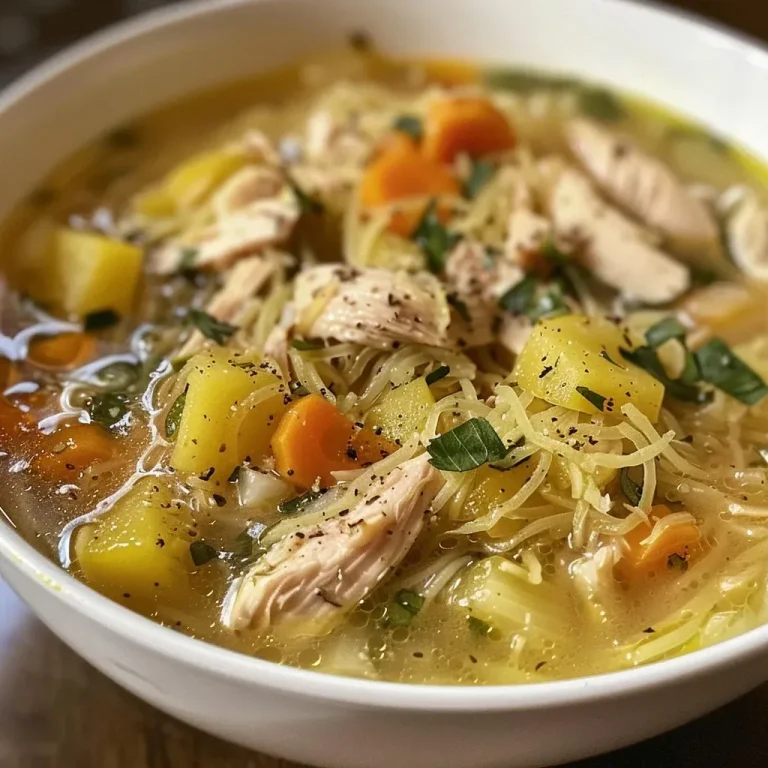A close-up view of a bowl of healthy chicken soup without noodles, featuring visible chunks of chicken, vegetables, and herbs.