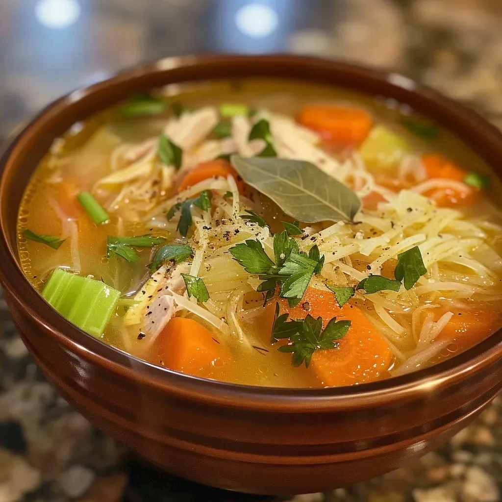 Side view of a vibrant chicken soup, highlighting the colorful mix of diced carrots, celery, and a broth base.