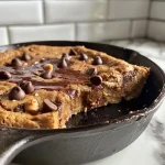 A close-up side view of a warm, gooey cookie skillet topped with melting chocolate chips.