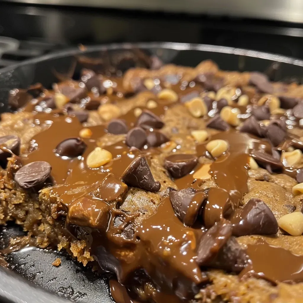 A deliciously baked cookie skillet with a golden brown crust and a soft, gooey center.